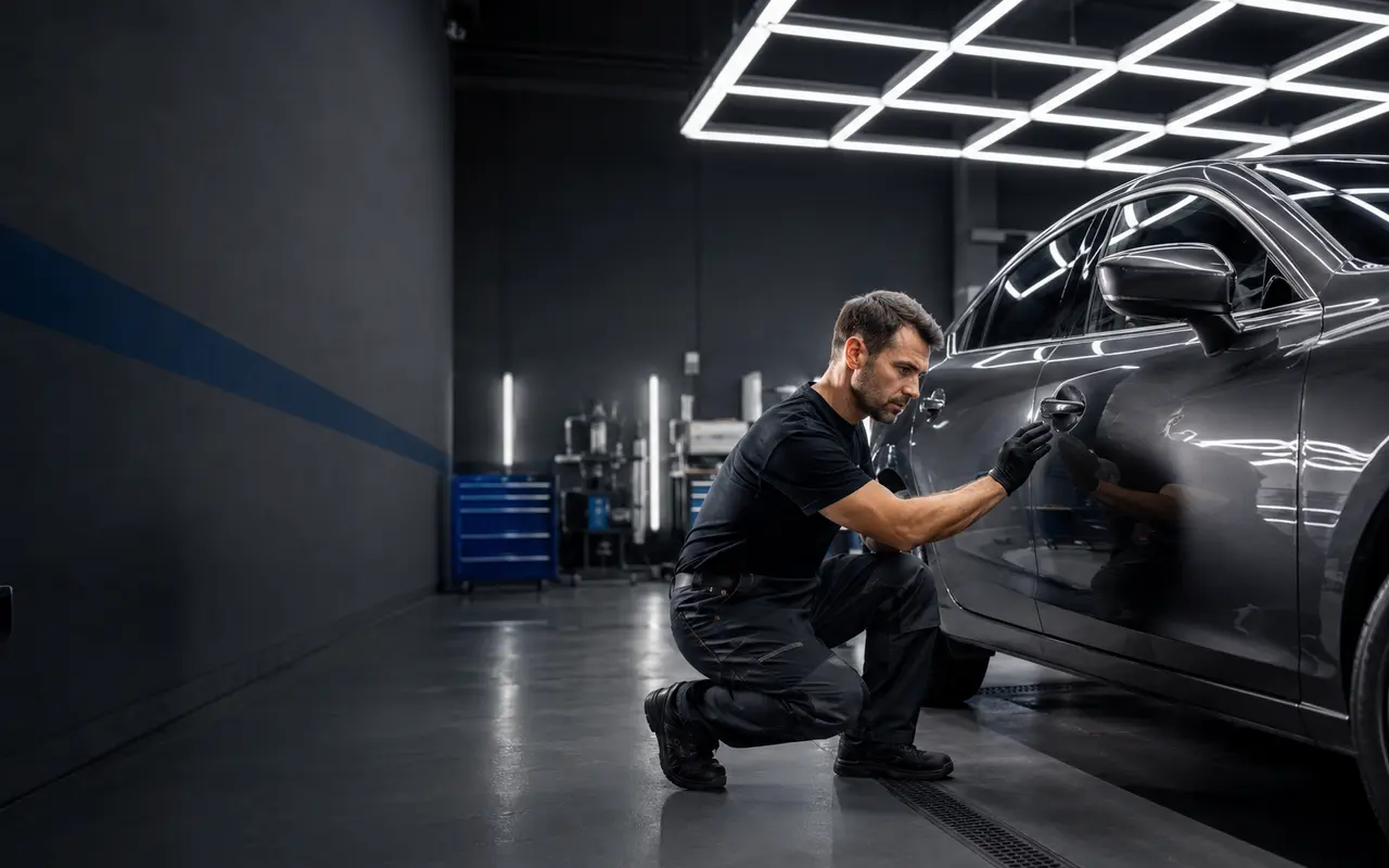 Tecnico che controlla la finitura di un'auto in carrozzeria