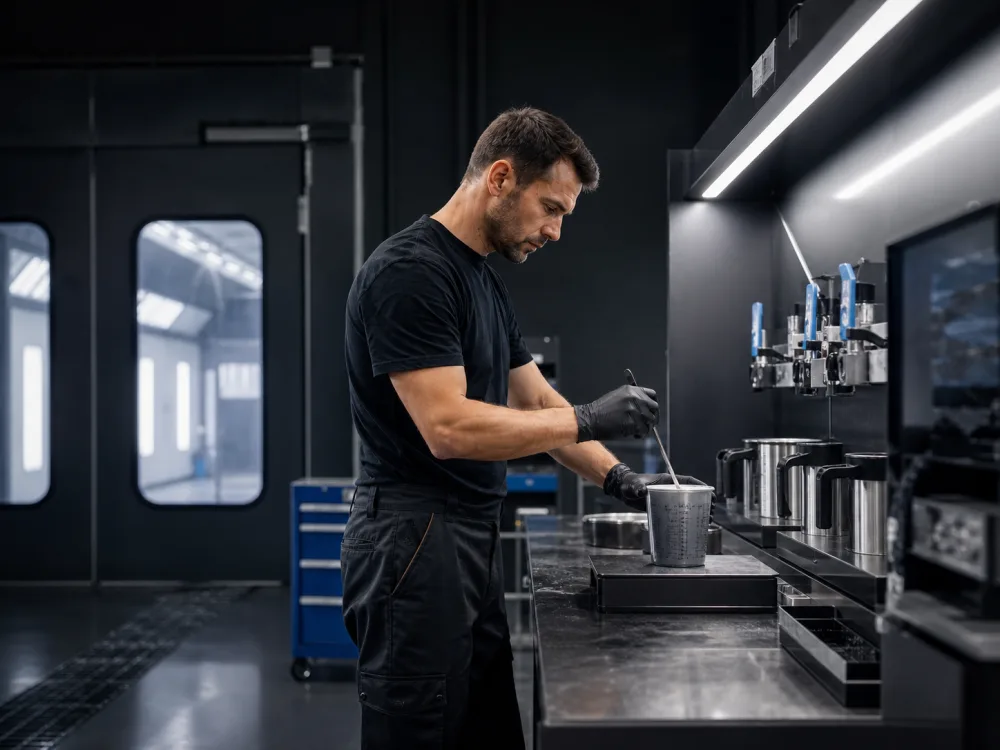 Tecnico al lavoro in cabina di verniciatura