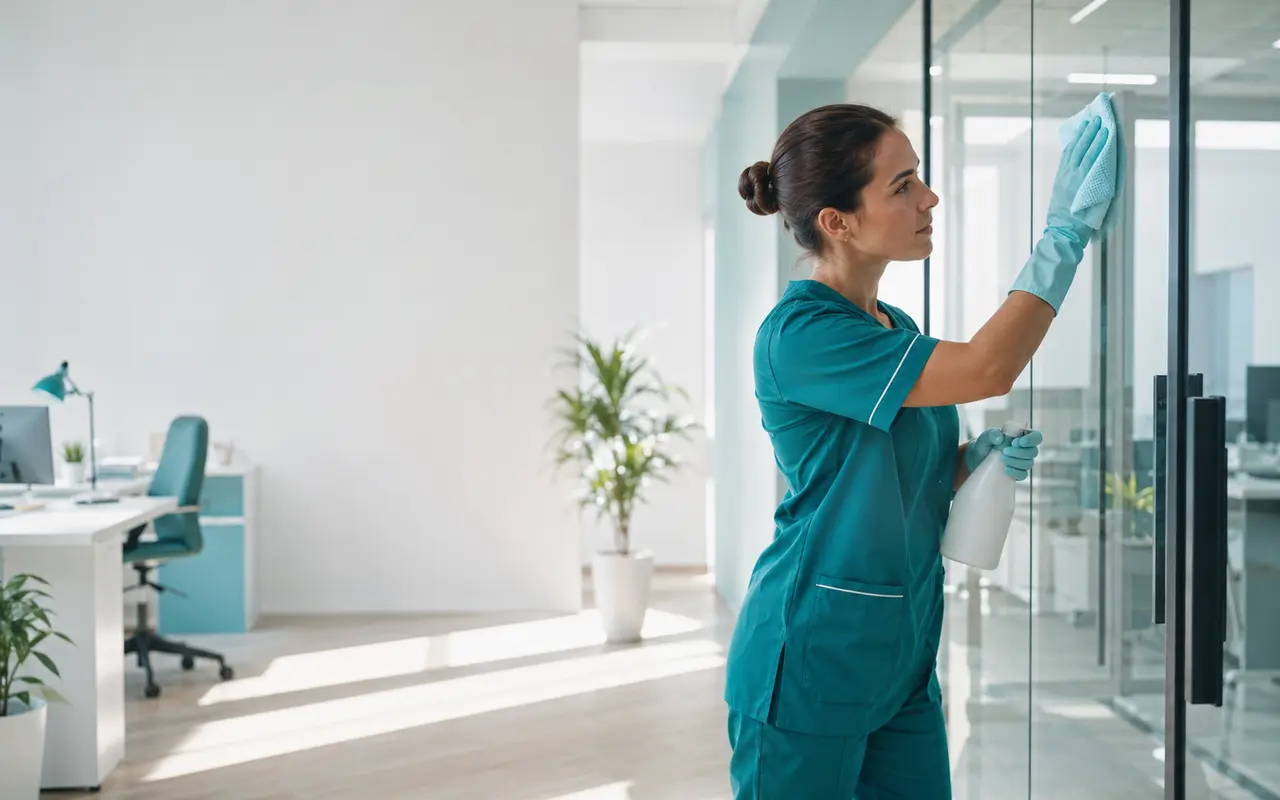 Professionista delle pulizie al lavoro in un ufficio luminoso