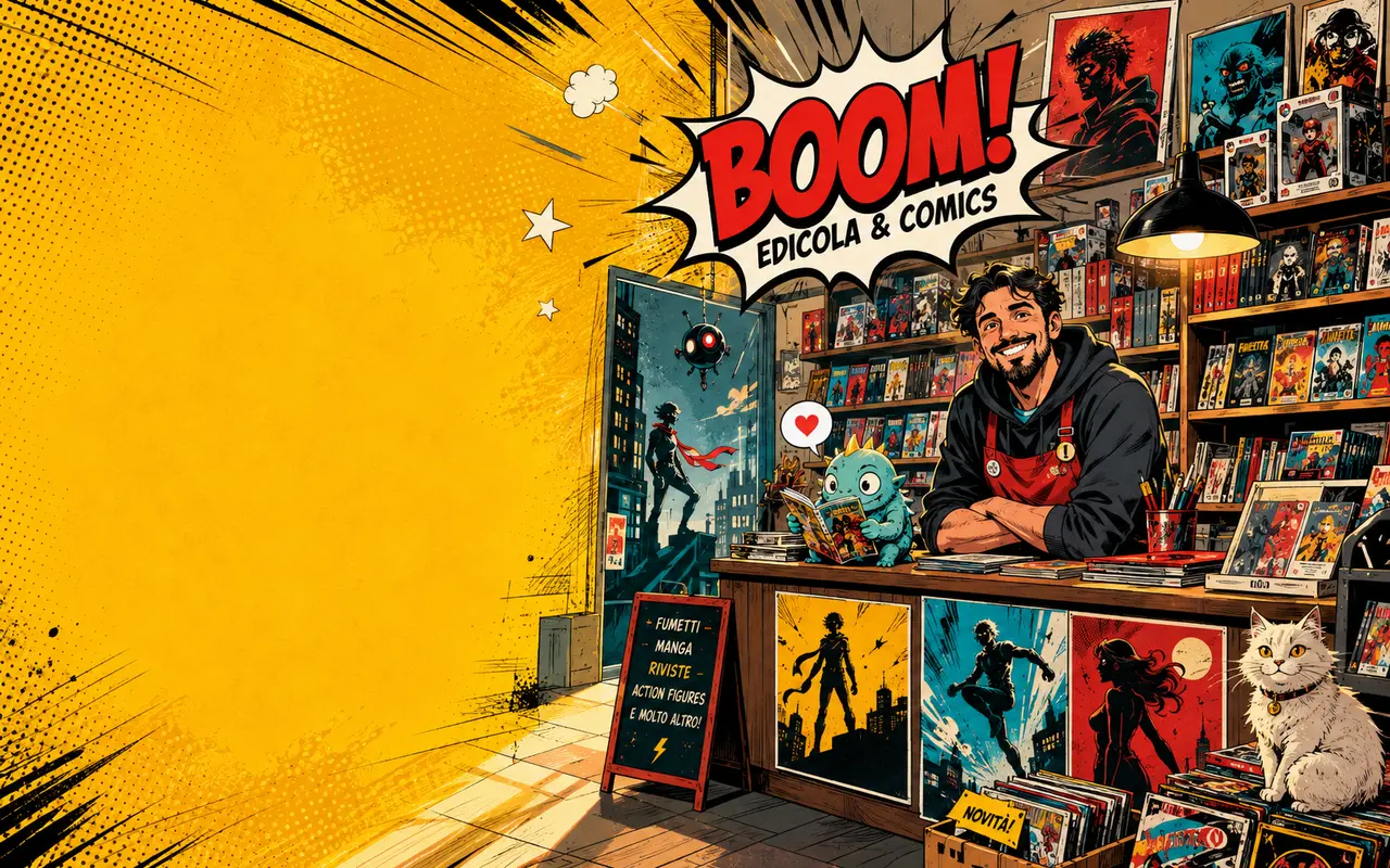 Fumetteria di quartiere illustrata in stile fumetto originale
