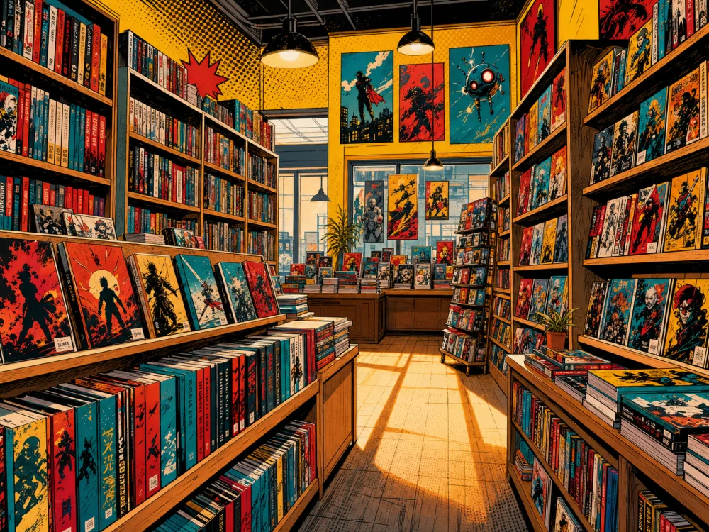 Scaffale di fumetti e manga in stile illustrato