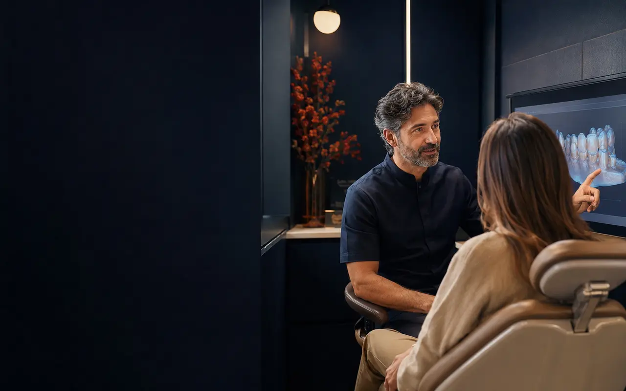 Dentista che illustra un esame digitale a una paziente in uno studio elegante