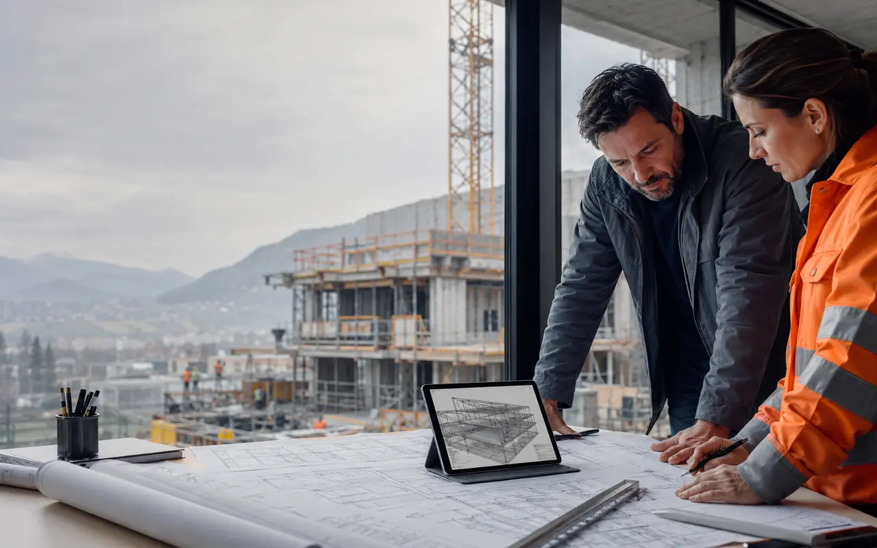 Ingegneri al lavoro su disegni tecnici davanti a un cantiere