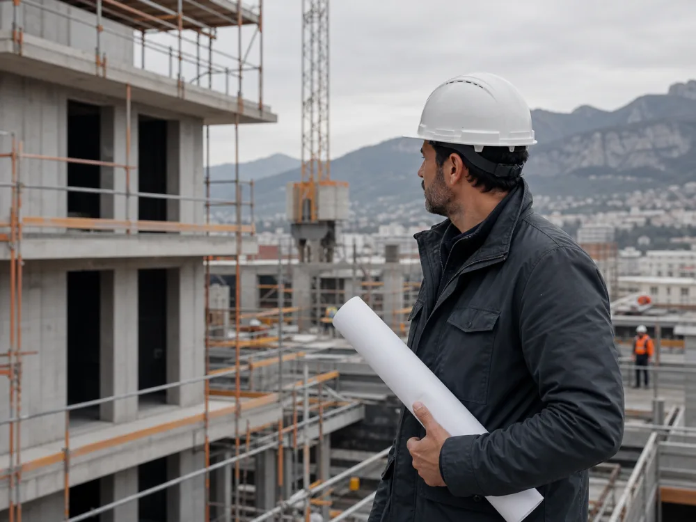 Tecnico in cantiere con caschetto