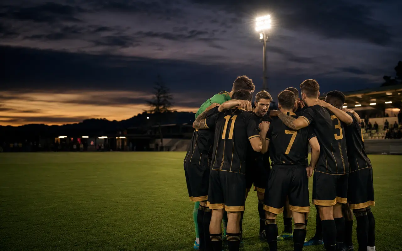 Squadra di calcio locale riunita prima della partita al tramonto
