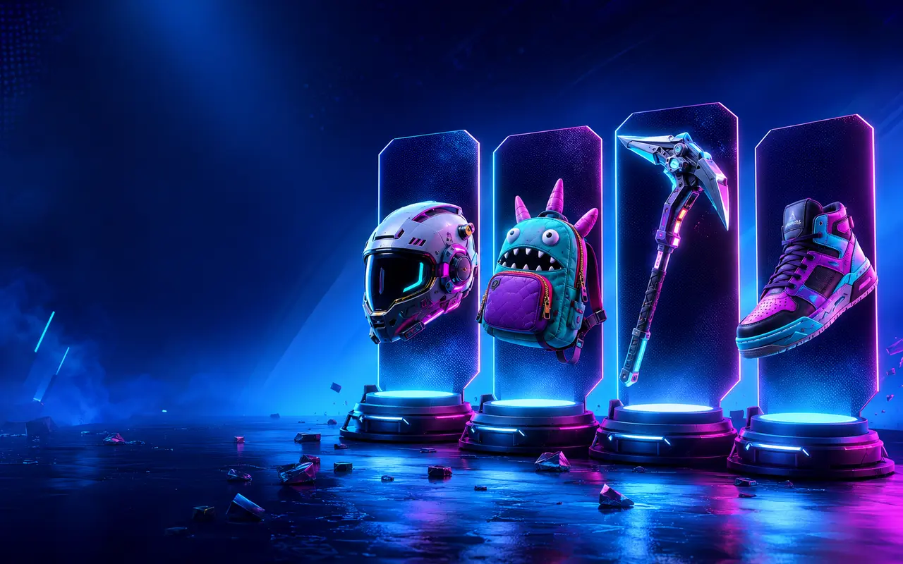 Collezione di accessori gaming originali esposti su pedane al neon