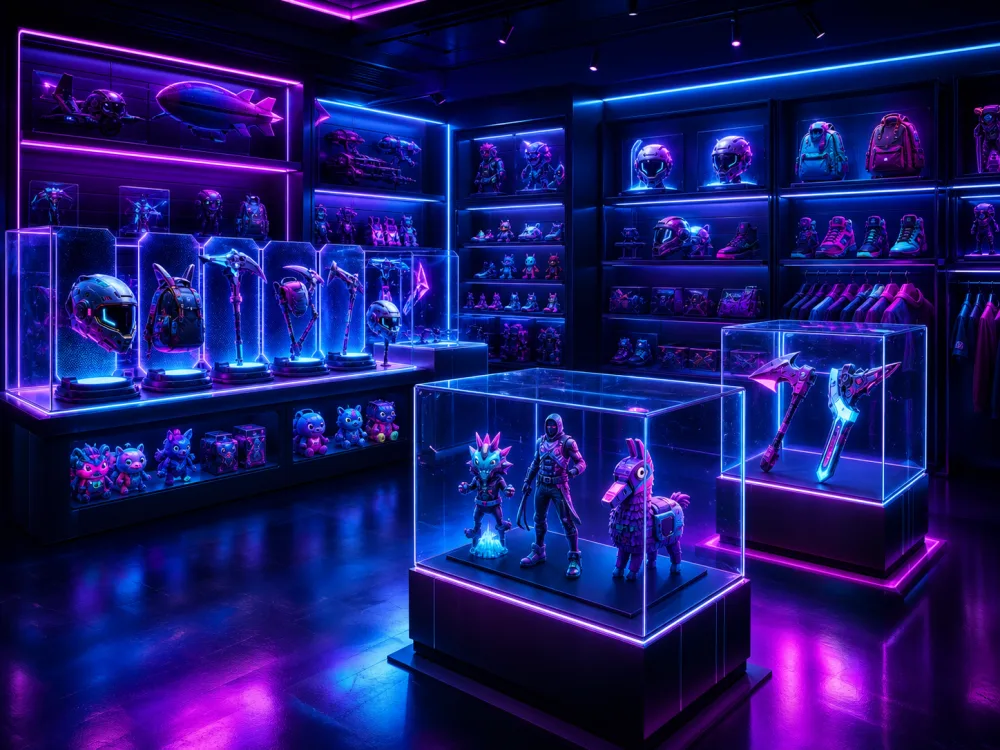 Espositore prodotti in negozio con luci neon