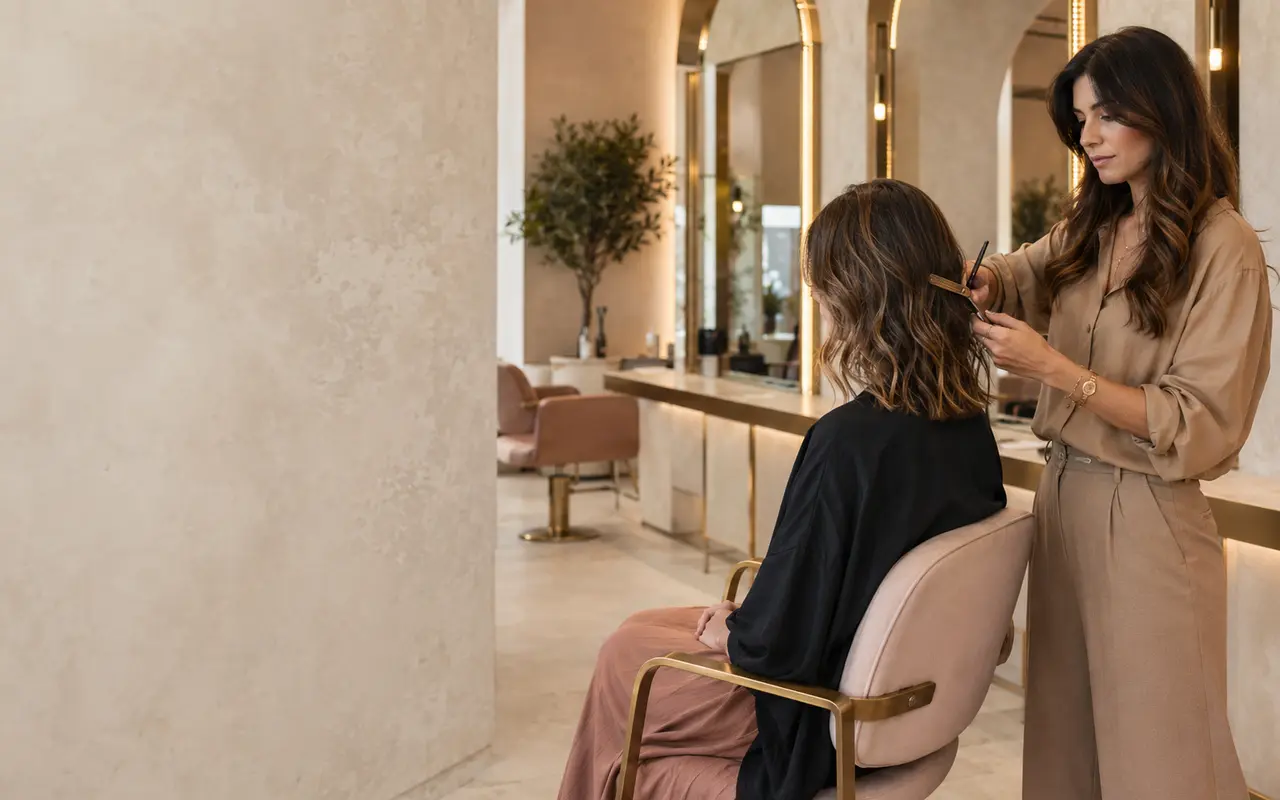 Hair stylist al lavoro in un salone elegante e luminoso