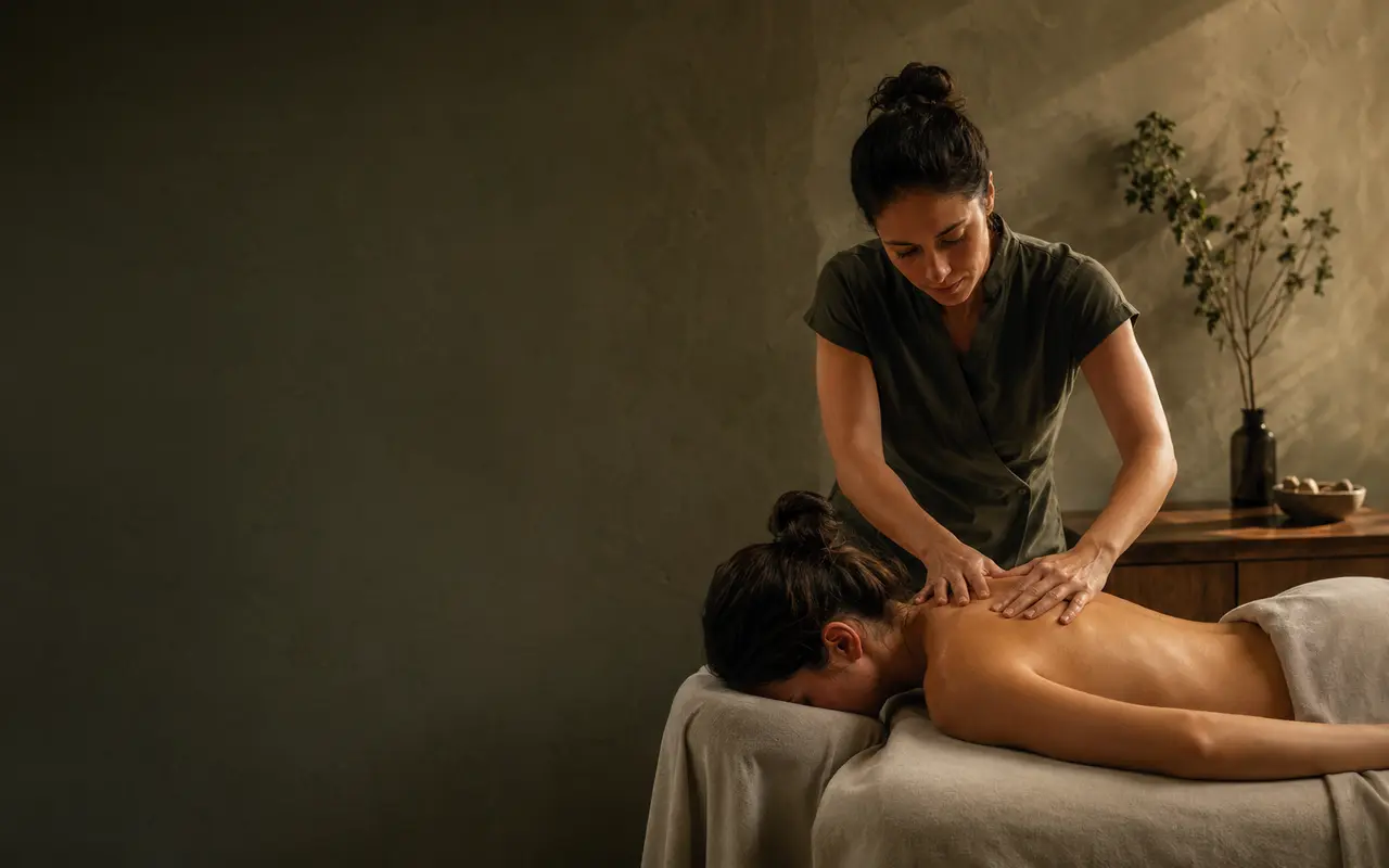 Professionista durante un massaggio benessere in uno studio riservato