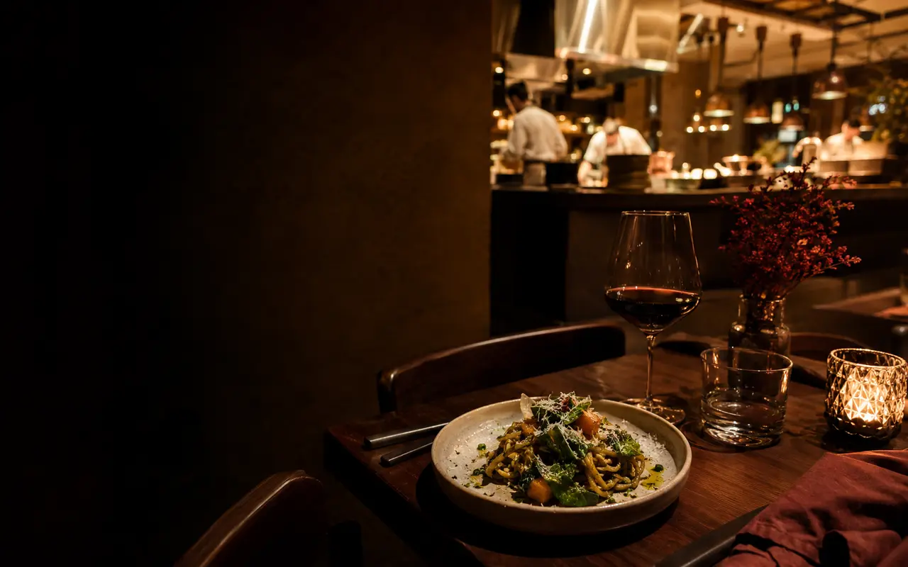 Tavolo apparecchiato in un ristorante contemporaneo con cucina a vista