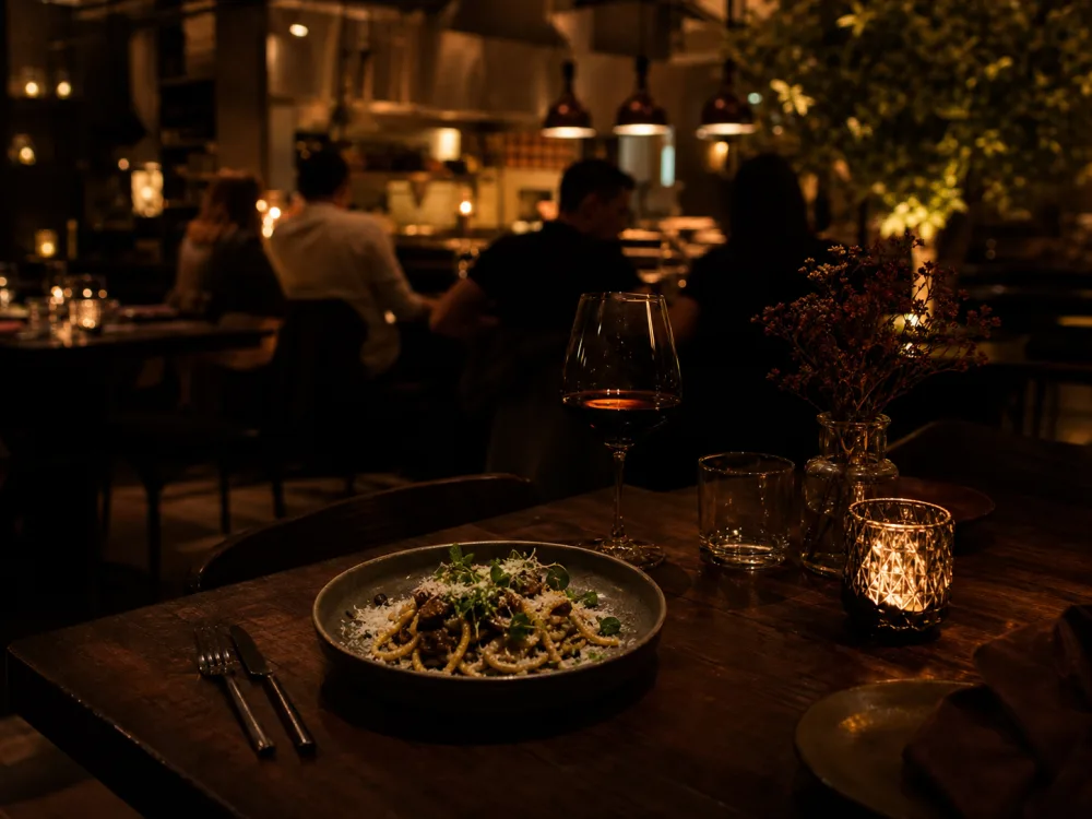Sala del ristorante con clienti nella luce della sera