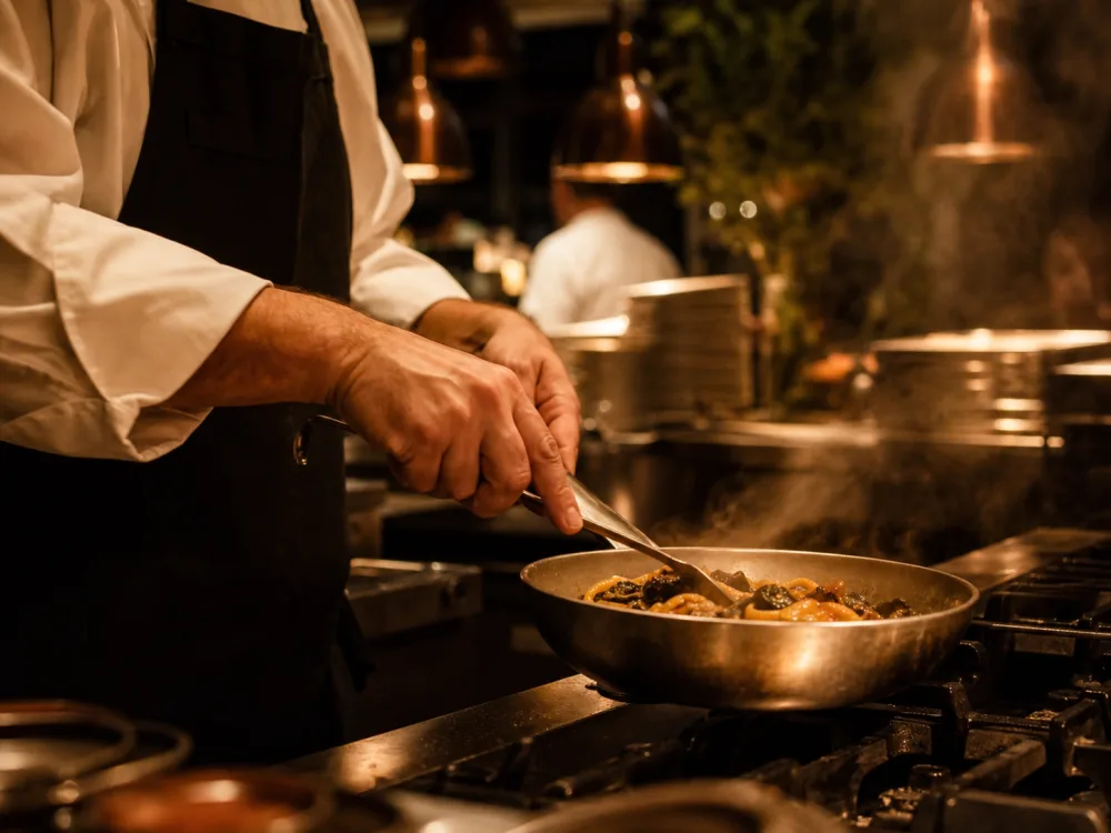 Cuoco al lavoro ai fornelli in cucina
