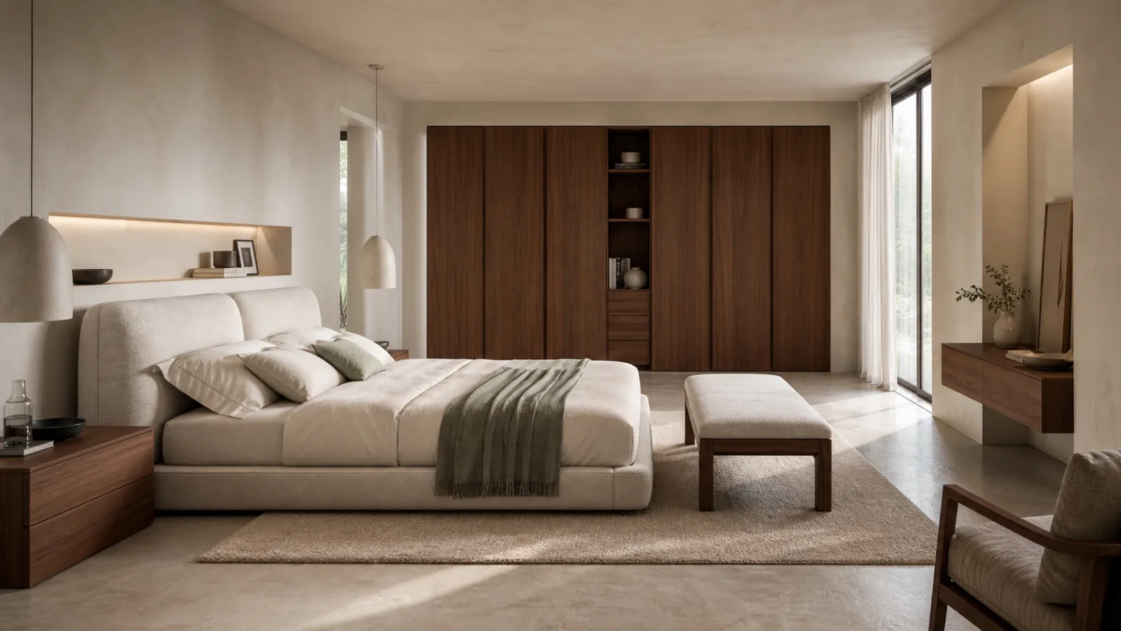 Camera contemporanea con letto imbottito e armadio in noce