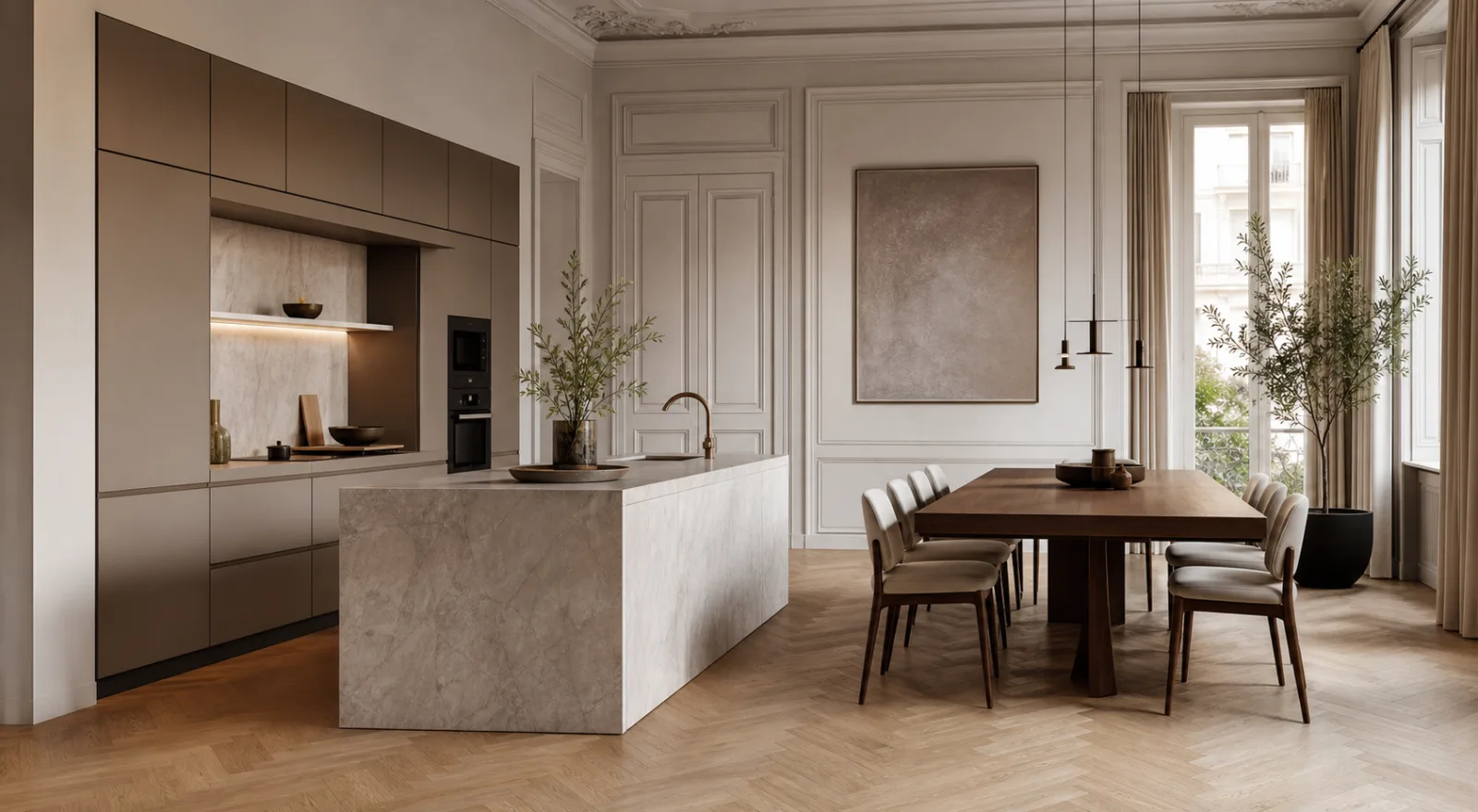 Cucina contemporanea con isola in pietra e zona pranzo