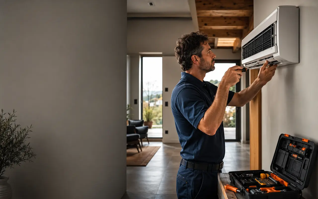 Tecnico che esegue manutenzione su un climatizzatore domestico